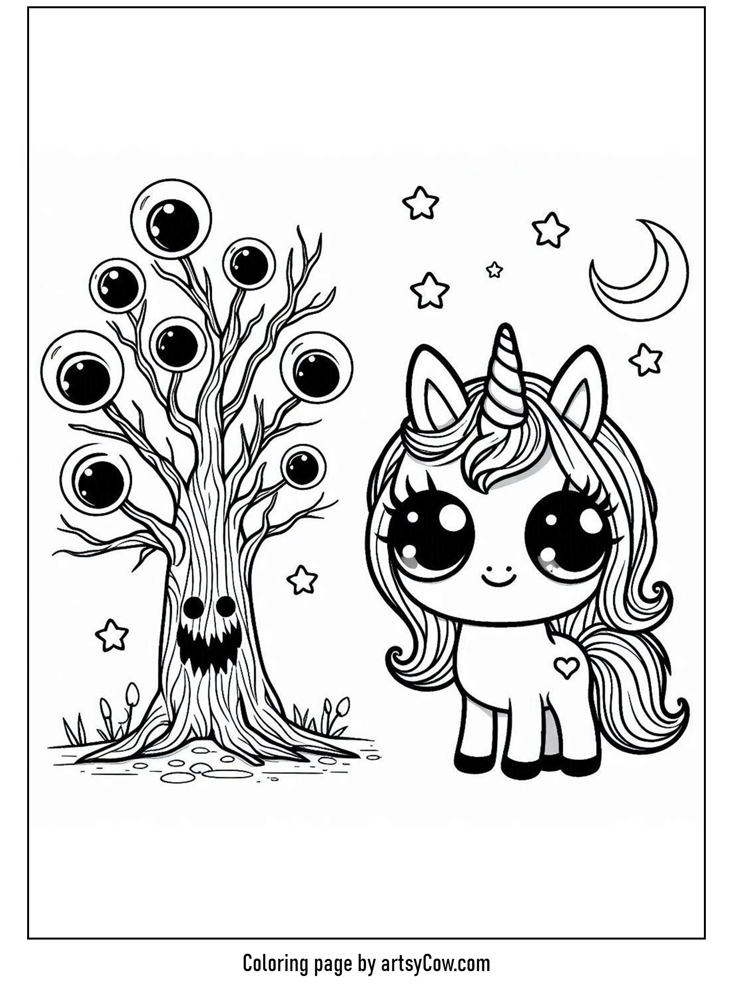 halloween coloring pages with unicorn 2 featuring a cute unicorn beside a spooky tree with big eyes and a smiling face, surrounded by stars and a crescent moon